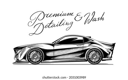 Premium-Waschen. Auto in Hatching Doodle Stil. Automatische Details. Fahrzeugdienst oder Automobil-Zentrum. Handgezeichnete Skizze. Vektorgrafik-Konzept für Poster, Banner oder T-Shirt.