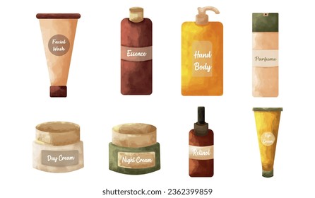 Premium watercolor icons set of skincare products, female beauty accessories. Hand drawn. Vector. Watercolor objects isolate