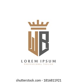 Premium WB Monogram of Two letters W&B. Elegant gold shield initials and crown geometric old retro graphic logo design. alphabet vector elements stock illustration.