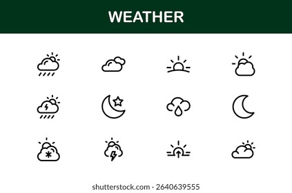 Premium weather icons collection including minimal line art for sun, cloud, rain, snow, and storm concepts