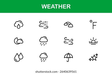 Premium weather icons collection including minimal line art for sun, cloud, rain, snow, and storm concepts