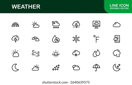 Premium weather icons collection including minimal line art for sun, cloud, rain, snow, and storm concepts