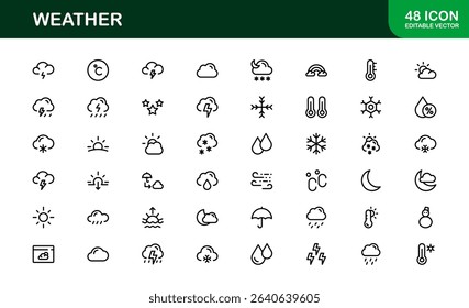 Premium weather icons collection including minimal line art for sun, cloud, rain, snow, and storm concepts