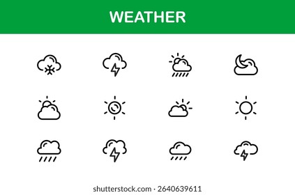 Premium weather icons collection including minimal line art for sun, cloud, rain, snow, and storm concepts