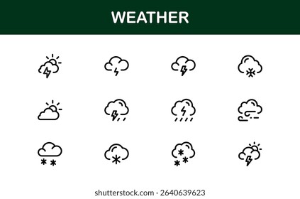 Premium weather icons collection including minimal line art for sun, cloud, rain, snow, and storm concepts