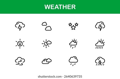 Premium weather icons collection including minimal line art for sun, cloud, rain, snow, and storm concepts