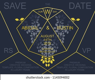 Premium wedding Invitation. Luxury invite card design. Trendy golden polygonal frame and floral elements.
 Vector template