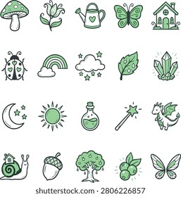 Premium whimsical doodle icon collection featuring 20 enchanted forest and fairy garden elements. This charming icon set includes mushroom, blooming flower, watering can, butterfly, cozy cottage house, ladybug, rainbow, cloud with stars, botanical leaf, crystal cluster, crescent moon, smiling sun, magic potion bottle, fairy wand, baby dragon, woodland snail, acorn, enchanted tree, berry branch, and fairy wings. Designed with soft pastel green accents, clean outlines, and a playful hand-drawn doodle style, isolated on a white background. Perfect for children's books, nursery decor, planners, stickers, scrapbooking, greeting cards, fantasy branding, educational materials, seasonal projects, printable crafts, and commercial creative designs.