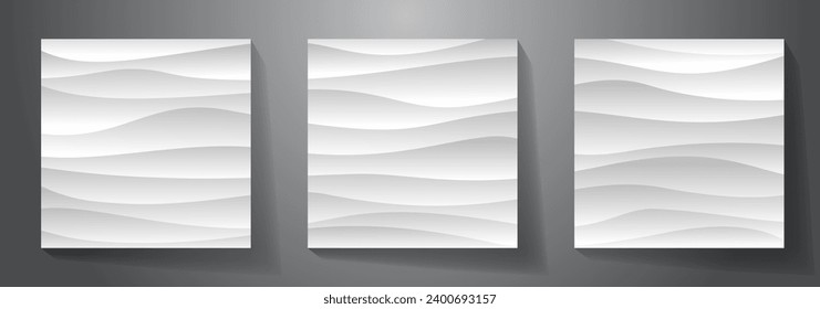 Premium white 3d cover design vector set background with waves and shadow. White elegant 3d tile for design interior. Modern luxury illustration for cover design, card, flyer, poster and luxe invite.
