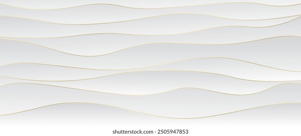 Fondo de Vector de diseño de cubierta blanca de Premium con ondas, sombras y líneas doradas. Azulejo 3d elegante blanco para el diseño interior. Ilustración de lujo moderno para tarjeta de visita, volante, cartel e invitación de lujo.	