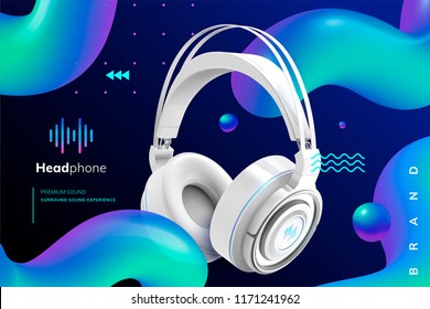 Premium white headphone ads on trendy geometric background in 3d illustration, wavy round line element