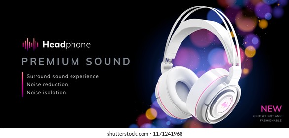 Premium white headphone ads on glitter bokeh background in 3d illustration, night party banner