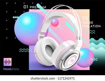 Premium white headphone ads on trendy geometric background in 3d illustration, sphere and wave elements