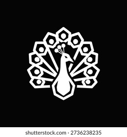 Premium white peacock silhouette on black background. Minimalist bird vector illustration, perfect for luxury branding and ornamental logo design.