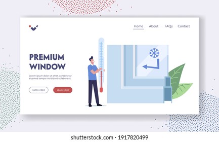 Premium Window Landing Page Template. Tiny Male Character with Huge Thermometer at Pvc Profile Presenting Modern Plastic Glass Reflecting Cold and Heat, Upvc Vinyl Frame. Cartoon Vector Illustration