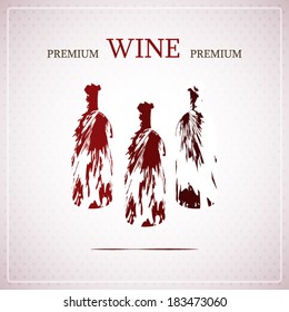 Premium wine red style poster with hand drawing bottle of wine on dotted background illustration