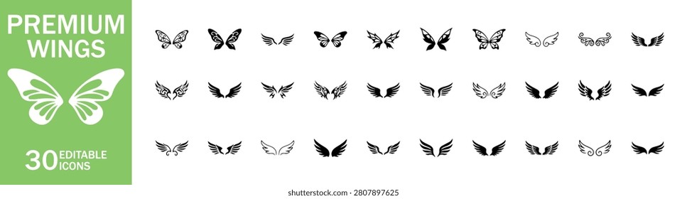 Premium Wings Icon Set, Angel, Bird and Butterfly Wing Editable Vector Collection