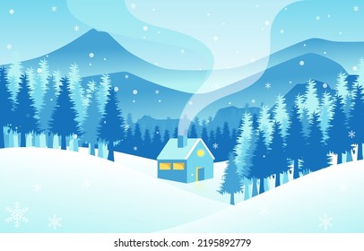 Fondo invernal premium con copos de nieve de estilo plano. Ilustración del material vectorial de la escena invernal. 