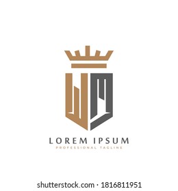 Premium WM Monogram of Two letters W&M. Elegant gold shield initials and crown geometric old retro graphic logo design. alphabet vector elements stock illustration.