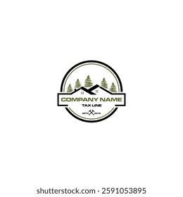 premium wooden cabin and pine forest mountain retro vector black logo design isolated white background