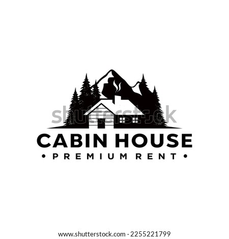 premium wooden cabin and pine forest logo design. Vector illustration wooden cabin, pine forest and mountain. modern logo design vector icon template