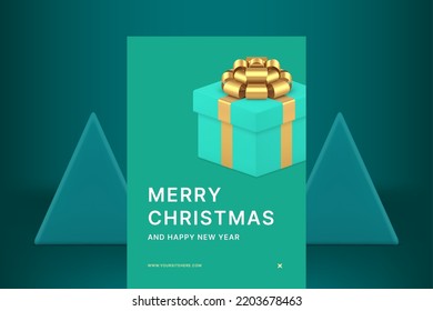 Premium Xmas gift box golden bow Merry Christmas greeting card design realistic 3d icon vector illustration. Happy New Year best wishes congratulations poster turquoise present surprise