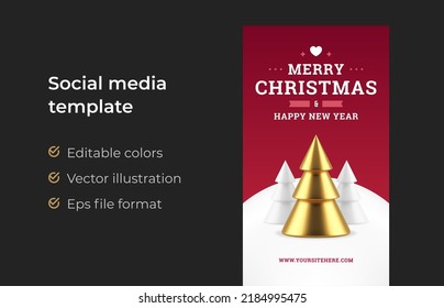 Premium Xmas spruce Merry Christmas red social media stories template realistic 3d icon vector illustration. Happy New Year web banner festive fir tree snow design decorative internet greeting poster
