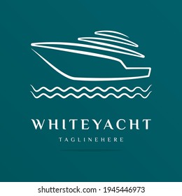 Premium yacht club logo abstract graphic design template white boat on blue background.Rent and sale of yachts, fishing.Sea cruise icon, ship business sign, symbol ocean premium voyage travel.Vector.