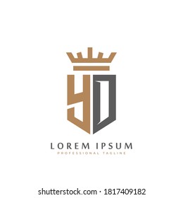 Premium YD Monogram of Two letters Y&D. Elegant gold shield initials and crown geometric old retro graphic logo design. alphabet vector elements stock illustration.
