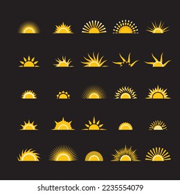 Premium yellow half sun icons vector symbol set. Black Background