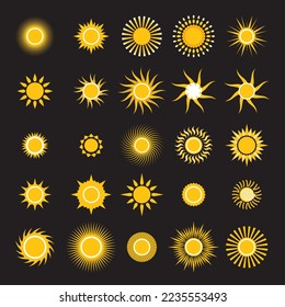 Premium yellow sun icons vector symbol set. Black Background
