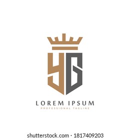 Premium YG Monogram of Two letters Y&G. Elegant gold shield initials and crown geometric old retro graphic logo design. alphabet vector elements stock illustration.