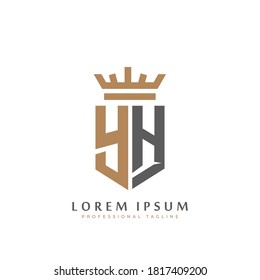 Premium YH Monogram of Two letters Y&H. Elegant gold shield initials and crown geometric old retro graphic logo design. alphabet vector elements stock illustration.