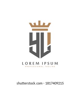 Premium YL Monogram of Two letters Y&L. Elegant gold shield initials and crown geometric old retro graphic logo design. alphabet vector elements stock illustration.