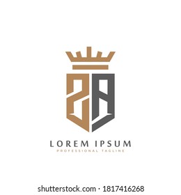 Premium ZA Monogram of Two letters Z&A. Elegant gold shield initials and crown geometric old retro graphic logo design. alphabet vector elements stock illustration.