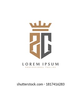 Premium ZC Monogram of Two letters Z&C. Elegant gold shield initials and crown geometric old retro graphic logo design. alphabet vector elements stock illustration.