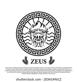 Premium Zeus logo concept. Zeus head with circle ornament and sunbeam wave background
