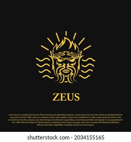 Premium Zeus logo concept. Zeus head with sunbeam and wave background