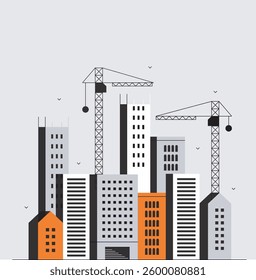 A premium-quality vector illustration representing the construction industry. This design features essential elements such as cranes, skyscrapers, workers, heavy machinery, and architectural blueprint