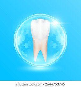 Premolar teeth in a transparent hexagonal bubble dome modern on blue background. Human tooth organ strong and healthy. Dentist or dentist medical health care and protection. 3D Vector EPS10.