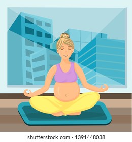 Prenatal Breathing Meditation Flat Illustration. Pregnant Woman in Gym. Lady Sitting in Lotus Pose on Yoga Mat. Calm, Peaceful, Relaxed Flat Character. Cartoon City Skyscrapers, Buildings