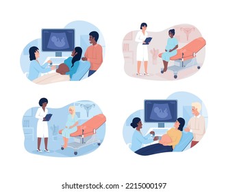 Prenatal care 2D vector isolated illustrations set. Pregnancy and birth flat characters on cartoon background. Medical colourful editable scenes for mobile, website, presentation collection