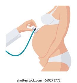 Prenatal care concept, doctor checking pregnant woman with stethoscope, vector illustration in flat style