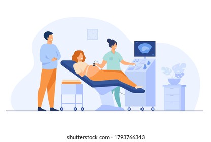 Prenatal care concept. Sonographer scanning and examining pregnant woman while expecting father looking at monitor. Vector illustration for medical examination, sonography, ultrasound test topics