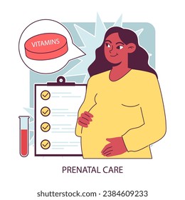 Prenatal care. Expectant mother taking vitamins and supplements. Pregnant woman health medical check up. Multivitamins intake with healthy nutrients. Flat vector illustration.