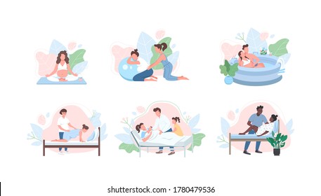 Prenatal care flat color vector faceless character set. Pregnancy yoga. Midwife help parent. Alternative childbirth isolated cartoon illustration for web graphic design and animation collection
