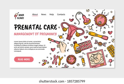 Prenatal care and management of pregnancy clinic landing page in Doodle style, vector template for the gynecologist