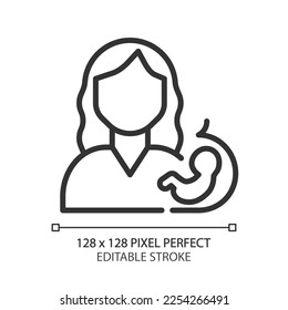 Prenatal care pixel perfect linear icon. Planning pregnancy. Mother and baby health screening. Pregnant woman checkup. Thin line illustration. Contour symbol. Vector outline drawing. Editable stroke