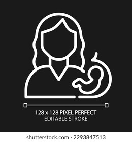 Prenatal care pixel perfect white linear icon for dark theme. Planning pregnancy. Mother and baby health screening. Thin line illustration. Isolated symbol for night mode. Editable stroke