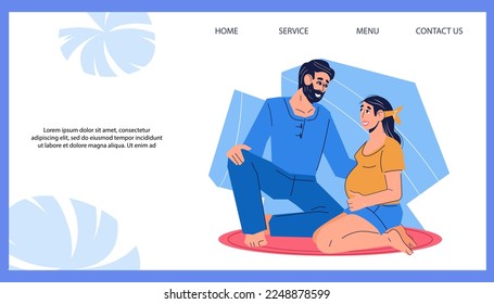 Prenatal courses for future parents website banner template, flat vector illustration. Website with people teaching birth techniques, husband supports his pregnant wife.